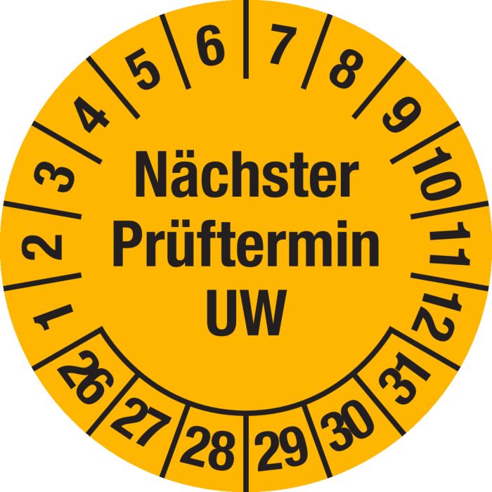Dreifke Prüfplakette „Nächster Prüftermin 27-32“ – Gelb, Ø 15 Mm, Selbstklebend, Manipulationssicher, 60 Stück/Bogen