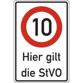 Verkehrsschild, Vorschriftszeichen "10 km/h Hier gilt die StVO"