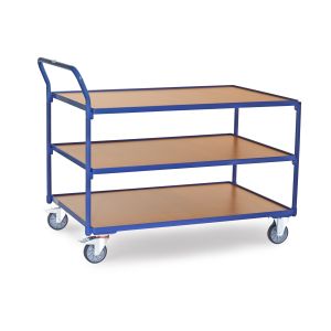 Fetra leichter Tischwagen im Baukastensystem, 3 Plattformen aus Holzwerkstoffplatten, Schiebegriff hochstehend