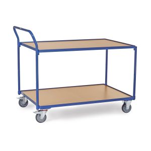 Fetra leichter Tischwagen im Baukastensystem, 2 Plattformen aus Holzwerkstoffplatten, Schiebegriff hochstehend