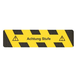 Antirutsch-Warnmarkierung mit Text: Achtung Stufe!, gelb / schwarz, 610 x 150 mm