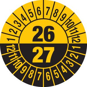 Prüfplakette - Mehrjahresplakette mit Prüfzeitraum 1 Jahr Jahreszahl 2-stellig, Monate 1-12, verschiedene Jahre, verschiedene Farben, Dokumentenfolie