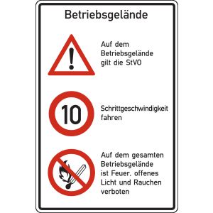 Betriebsgelände - Auf dem Betriebsgelände gilt die StVO, Schrittgeschwindigkeit fahren, Auf dem gesamten Betriebsgelände ist Feuer, offenes Licht und Rauchen verboten, rot /schwarz, Alu, 600 x 900 x 2 mm