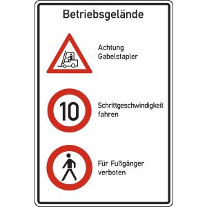 Betriebsgelände - Achtung Gabelstapler, Schrittgewindigkeit fahren, Für Fußgänger verboten, rot /schwarz, Alu, 600 x 900 x 2 mm