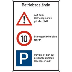 Betriebsgelände - Auf dem Betriebsgelände gilt die StVO, Schrittgeschwindigkeit fahren, Parken ist nur auf gekennzeichneten Flächen erlaubt, mehrfarbig, Alu, 600 x 900 x 2 mm