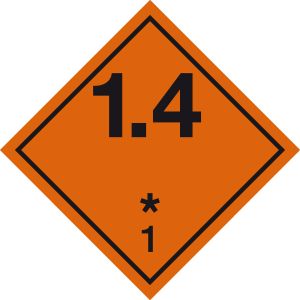 Explosive Stoffe - 1.4, orange / schwarz, Folie, selbstklebend, 300 x 300 x 0,1 mm, ADR, 1.4