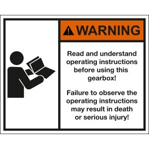 Aufkleber WARNING Read and unterstand operating instructions before using this gearbox!, Folie, selbstklebend, 100 x 80 x 0,1 mm, ANSI Z535