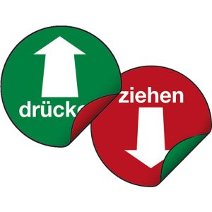 ziehen + Pfeil - doppelseitig, rot / grün, Kunststoff, selbstklebend, 100 x 0,3 mm
