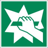 Rettungszeichen "Notausgangsvorrichtung, die nach zerschlagen einer Scheibe zu erreichen ist" [E008], LimarLite®, ISO 7010