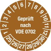 Mehrjahresprüfplakette "Geprüft nach VDE 0702", Monate 1-12, verschiedene Jahre, Ø 30 mm, Dokumentenfolie, 15 Stück je Bogen