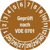 Mehrjahresprüfplakette "Geprüft nach VDE 0701", Monate 1-12, verschiedene Jahre, Ø 30 mm, Dokumentenfolie, 15 Stück je Bogen