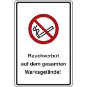 Kombischild, Vorschriftszeichen "Rauchverbot auf dem gesamten Werksgelände!" [P002], Aluminium (2 mm), 400 x 600 mm