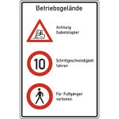 Kombischild, Vorschriftszeichen "Betriebsgelände - Achtung Gabelstapler, Schrittgewindigkeit fahren, Für Fußgänger verboten", Aluminium (2 mm), 600 x 900 mm