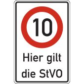 Vorschriftsszeichen "Geschwindigkeit 10 km/h + Hier gilt die StVO" 