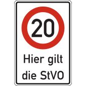 Vorschriftsszeichen Kombischild Geschwindigkeit 20 km/h, "Hier gilt die StVO" 