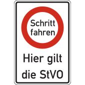 Vorschriftsszeichen "Geschwindigkeitsbeschränkung + Schritt fahren + Hier gilt die StVO"