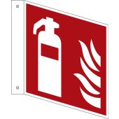 Feuerlöscherzeichen Fahnenschild "Feuerlöscher" [F001], Aluminium, 150 x 150 x 0,5 mm, langnachleuchtend, 55 / 8 mcd, LimarLite®, ASR A1.3 / ISO 7010, doppelseitig bedruckt