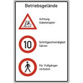 Betriebsgelände - Achtung Gabelstapler, Schrittgewindigkeit fahren, Für Fußgänger verboten, rot /schwarz, Alu, 600 x 900 x 2 mm