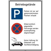 Betriebsgelände - Parken ist nur auf gekennzeichneten Flächen erlaubt, Widerrechtlich abgestellte Fahrzeuge werden kostenpflichtig abgeschleppt, Keine Haftung für Diebstahl und Sachbeschädigung, mehrfarbig, Alu, 600 x 900 x 2 mm