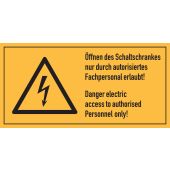 Warnzeichen Kombischild "Öffnen des Schaltschrankes nur durch autorisiertes Fachpersonal erlaubt!" [W012], Folie (0,1 mm), 100 x 50 mm, selbstklebend