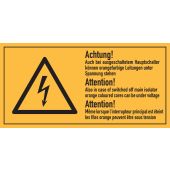Warnzeichen Kombischild "Achtung! Auch bei ausgeschaltetem Hauptschalter können orangefarbige Leitungen unter Spannung sein" [W012], Folie (0,1 mm), 100 x 50 mm, selbstklebend