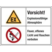 Aufkleber Vorsicht! Explosionsfähige Atmosphäre, Feuer, offenes Licht und Rauchen verboten, Folie, selbstklebend, 200 x 150 x 0,1 mm, ISO 3864, D-W021 / P003