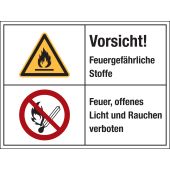 Warnzeichen Kombischild "Vorsicht! Feuergewährliche Stoffe, Feuer offenes Licht und Rauchen verboten" [W021 / P003], Folie (0,1 mm), 200 x 150 mm, ISO 3864, selbstklebend