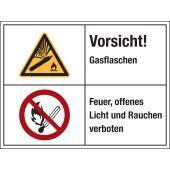 Warnzeichen Kombischild "Vorsicht! Gasflaschen, Feuer, offenes Licht und Rauchen verboten" [W029 / P003], Folie (0,1 mm), 200 x 150 mm, ISO 3864, selbstklebend