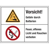Aufkleber Vorsicht! Gefahr durch Batterien, Feuer, offenes Licht und Rauchen verboten, Folie, selbstklebend, 200 x 150 x 0,1 mm, ISO 3864, W026 / P003