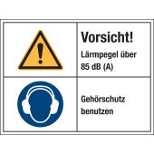 Aufkleber Vorsicht! Lärmpegel über 85 dB (A), Gehörschutz benutzen, Folie, selbstklebend, 200 x 150 x 0,1 mm, ISO 3864, W001 / M003