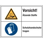 Warnzeichen Kombischild "Vorsicht! Ätzende Stoffe, Schutzhandschuhe tragen" [W023 / M009], Folie (0,1 mm), 200 x 150 mm, ISO 3864, selbstklebend