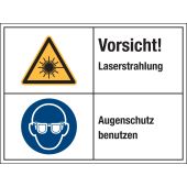 Warnzeichen Kombischild "Vorsicht! Lasterstrahlung, Augenschutz benutzen" [W004 / M004], Folie (0,1 mm), 200 x 150 mm, ISO 3864, selbstklebend