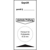 Grundplakette "Geprüft gemäß", Folie (0,1 mm), schwarz, 40 x 90 mm