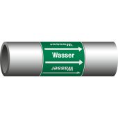 Bänder zur Rohrleitungskennzeichnung, Fließrichtungspfeil & Text: "radioaktives Wasser", 3300 x 76 mm, DIN 2403