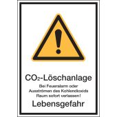 Warnzeichen Kombischild "CO2-Löschanlage - Bei Feueralarm oder Ausströmen des Kohlendioxids Raum sofort verlassen! Lebensgefahr" [W001], ASR A1.3 / ISO 7010