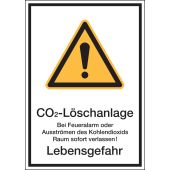 Warnzeichen "CO2-Löschanlage - Bei Feueralarm oder Ausströmen des Kohlendioxids Raum sofort verlassen! Lebensgefahr" [W001], ASR A1.3 / ISO 7010