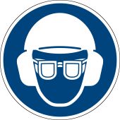 Gebotszeichen "Augen-, Gehör- und Kopfschutz benutzen", in Anlehnung an ISO 7010, praxisbewährt