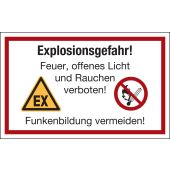 Hinweisschild "Explosionsgefahr! Feuer, offenes Licht und Rauchen verboten!", rot/schwarz