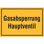 Hinweisschild "Gasabsperrung Hauptventil", gelb/schwarz