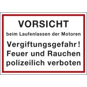 Hinweisschild "VORSICHT beim Laufenlassen der Motoren", rot/schwarz