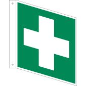 Rettungszeichen Fahnenschild „Erste Hilfe" [E003], ASR A1.3 / ISO 7010, doppelseitig bedruckt