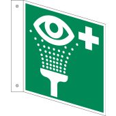 Rettungszeichen Fahnenschild "Augenspüleinrichtung" [E011], Kunststoff (1 mm), 150 x 150 x 1 mm, 55 / 8 mcd langnachleuchtend, LimarLite®, ASR A1.3 / ISO 7010