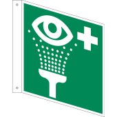 Rettungszeichen Fahnenschild "Augenspüleinrichtung" [E011], ASR A1.3 / ISO 7010, doppelseitig bedruckt