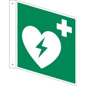 Rettungszeichen Fahneneschild "Defibrillator" [E010], ASR A1.3 / ISO 7010, doppelseitig bedruckt