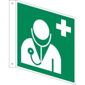 Rettungszeichen Fahnenschild "Arzt" [E009], ASR A1.3 / ISO 7010, doppelseitig bedruckt