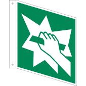 Rettungszeichen Fahnenschild „Notausgangsvorrichtung, die nach zerschlagen einer Scheibe zu erreichen ist“ [E008], ASR A1.3 / ISO 7010