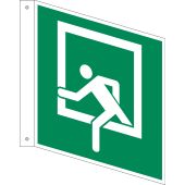 Rettungszeichen Fahnenschild „Notausstieg“ [D-E019], ASR A1.3 / DIN 4844, doppelseitig bedruckt