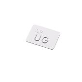 Taktiles Handlaufschild "UG" (Untergeschoss), Braille- und Profilschrift, DIN 32986, Aluminium, 55 x 40 x 2 mm, verschiedene Ausführungen, Versalhöhe 13 mm