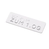 Taktiles Handlaufschild "zum 1. OG" (Obergeschoss), Braille- und Profilschrift, DIN 32986, Aluminium, 120 x 40 x 2 mm, verschiedene Ausführungen, Versalhöhe 13 mm