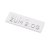 Taktiles Handlaufschild "zum 2. OG" (Obergeschoss), Braille- und Profilschrift, DIN 32986, Aluminium, 120 x 40 x 2 mm, verschiedene Ausführungen, Versalhöhe 13 mm